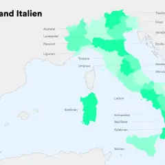 Karte von Italien mit hervorgehobenen Weinregionen. Von Aostatal bis Sizilien, jede Region repräsentiert ein Stück italienischer Weinkultur.