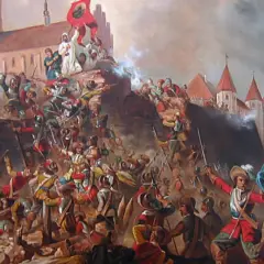 Obraz przedstawia bitwę o zamek, gdzie żołnierze w historycznych strojach walczą o mury. Scena oddaje dynamikę potopu wydarzeń historycznych.