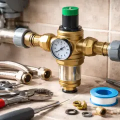 Outils et pièces pour nettoyer un réducteur de pression d'eau. Un manomètre indique la pression.