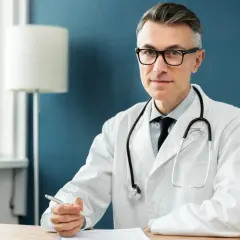 Lekarz w okularach, w białym kitlu ze stetoskopem, pisze receptę na sen.