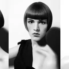 Tres vistas de un corte de pelo bob recto y pulido con flequillo recto.