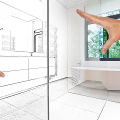 Avant/après d'une salle de bain moderne, respectant la norme salle de bain. Un croquis se transforme en réalité.