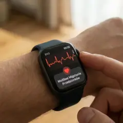 Na ekranie zegarka widoczny jest zapis EKG, który pokazuje rytm zatokowy. Obok serduszko z napisem "Możliwe Migotanie Przedsionków".