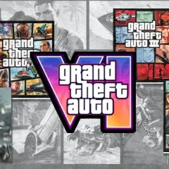 A collage of Grand Theft Auto game covers, featuring GTA 1, GTA 2, GTA III, GTA IV, and the prominent GTA VI logo.