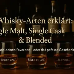Drei Gläser mit Whisky: Single Malt, Single Cask und Blended. Erklärt den Unterschied zwischen Single Malt und Blended Whisky.