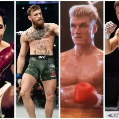 Four fighters: Rocky Marciano, Conor McGregor, Ivan Drago, and Jake Gyllenhaal. A win by decision meaning is a fight decided by judges' scores.