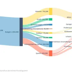 Flussdiagramm zeigt das Gehalt eines technischen Systemplaners von 2.950€, aufgeteilt in Ausgaben wie Miete, Hobbys und Sparen.