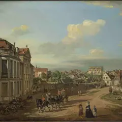 Ulica tętni życiem, wozy z beczkami i eleganckie karoce przemierzają trakt. Bernardo zwany Canaletto uchwycił gwar miasta i architekturę.