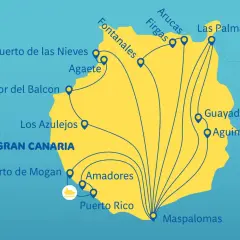 Mapa Gran Canaria z zaznaczonymi miejscowościami: Las Palmas, Puerto de Mogan, Maspalomas. Gdzie jest Gran Canaria? Na mapie widać lotniska i port.