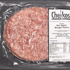 Ein Dry Aged Burger Patty von Che Kost wiegt 0,182 kg. Das Fleisch ist gereiftes Angusfleisch.