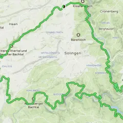 Die Karte zeigt den Verlauf des klingenpfad Solingen, eine grüne Route, die durch Wälder und Täler bei Solingen führt.