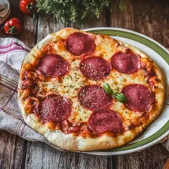 Eine köstliche Pizza Salami mit geschmolzenem Käse und frischem Basilikum auf einem Holztisch.