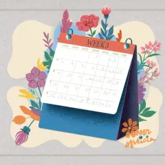 Calendario de escritorio con flores y la palabra "WEEK 3" escrita.