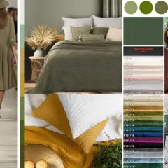 Kolekcja inspiracji w odcieniach **kolor khaki a oliwkowy**: od mody, przez tekstylia domowe, po palety barw.