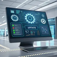 Ein Monitor zeigt technische Grafiken und das Wort "UPTATE". Dies illustriert, was ein BIOS-Update ist: eine Aktualisierung der grundlegenden Systemsoftware.