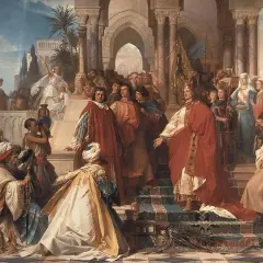 Federico II di Sicilia, incoronato e circondato da dignitari, riceve omaggi in un sontuoso palazzo.