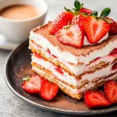 Pyszne tiramisu z truskawkami, idealne, gdy szukasz czegoś **co zamiast amaretto do tiramisu**. Podane z kawą.
