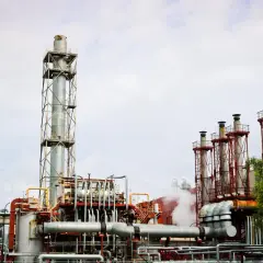 Przemysłowa instalacja z kominami i rurami, gdzie może zachodzić kogeneracja.