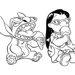 Lilo y Stitch disfrutan de helados con gafas de sol. Estos dibujos de Lilo capturan un momento dulce y divertido.