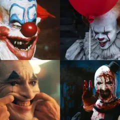 Cztery przerażające postacie z horrorów: klaun z zębami, Pennywise z balonikiem, Joker i Art the Clown.