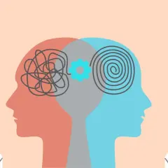 Dwa profile ludzkie, jeden z chaotycznymi liniami w głowie, drugi ze spiralą. Symbolizuje to drogę do poprawy zdrowia psychicznego polaków.