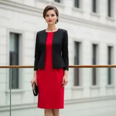 Elegancka kobieta w czerwonej sukience i czarnym żakiecie, idealny przykład, jaki żakiet do czerwonej sukienki.