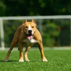 Silny amstaff o brązowej sierści i białej klatce piersiowej stoi na zielonej trawie, z językiem na wierzchu. W tle widać bramkę piłkarską.