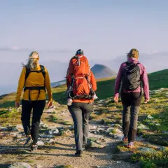 Tre vandrare går längs en stenstig i fjällen. En bär ett barn i en bärsele. De har ryggsäckar med sig, redo för vandringsmat från Ica.