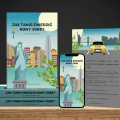 Przewodnik "Jak tanio zwiedzić Nowy Jork?" z ikonami Statuy Wolności i żółtej taksówki. Odkryj nowe jork ciekawostki i zaplanuj podróż.