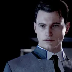 Connor z Detroit: Become Human, android w eleganckim garniturze, z niebieskim symbolem na skroni.