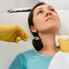 Lekarz wykonuje biopsję cienkoigłową tarczycy, używając aparatu USG do precyzyjnego nakłucia.