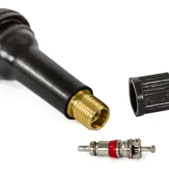 Pièce pour changer valve pneu : un corps de valve noir avec embout en laiton, un capuchon et le mécanisme interne.