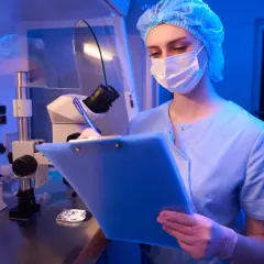 Naukowczyni w masce i czepku nadzoruje proces punkcji komórek pod mikroskopem, notując wyniki.