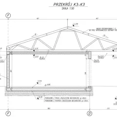 Przekrój K3-K3: projekt techniczny a wykonawczy dachu z wiązarem prefabrykowanym i detalami konstrukcyjnymi.