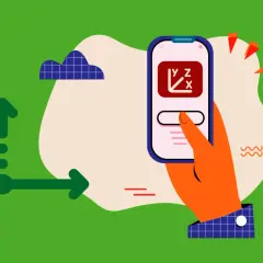 Dłoń trzyma smartfon z ikoną układu współrzędnych, pokazującą ćwiartki układu współrzędnych. Strzałki symbolizują ruch.