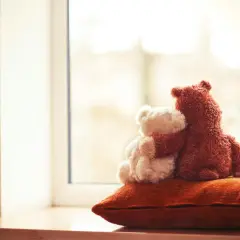 Dwa pluszowe misie, jeden brązowy obejmuje białego, siedzą na poduszce przy oknie.