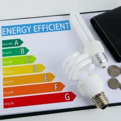 Karta efektywności energetycznej z żarówkami i monetami. Klasa energetyczna C oznacza średnią efektywność.