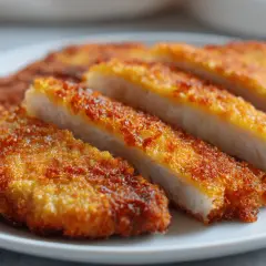 Chrupiące schabowe z airfryer na białym talerzu, pokrojone na kawałki, ukazujące soczyste wnętrze.
