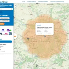 Mapa zasięgu nadajnika DVB-T w Warszawie/Raszynie, kanał 48 (690 MHz), moc 100 kW.