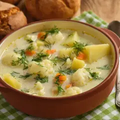 Aksamitna zupa kalafiorowa jak u babci, pełna ziemniaków, marchewki i koperku. Idealna na chłodne dni.