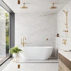 Luxurious bathroom with white marble ceramic tile on shower walls, a freestanding tub, and gold fixtures.