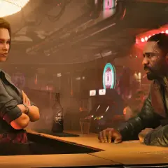 W mrocznym barze cyberpunk kobieta z neonowym sercem w tle i mężczyzna przy kontuarze. Nie czas żałować róż.
