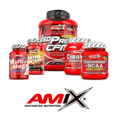 Varios suplementos deportivos de la marca Amix en envases rojos, incluyendo proteína y cápsulas.