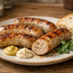 Soczysta kiełbasa z airfryer, idealnie przypieczona, podana z chlebem, musztardą i chrzanem. Pyszny obiad gotowy w mgnieniu oka!
