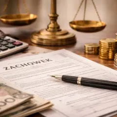 Dokument "Zachowek", stos pieniędzy, kalkulator i waga sprawiedliwości sugerują rozliczenie podatku od zachowku.