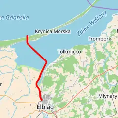 Mapa drogi z Elbląga do Krynicy Morskiej przez Zalew Wiślany, pokazująca rybackie tereny na mierzei.