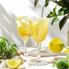 Dwa orzeźwiające drinki z limoncello, udekorowane plasterkami cytryny i lodem, na tle zielonych owoców cytrusowych.