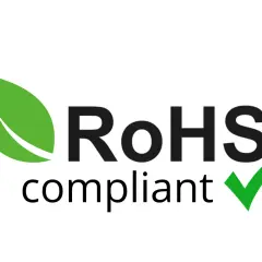 Zielony liść i zielony znaczek "ptaszka" obok napisu "RoHS compliant". To znak, że produkt jest zgodny z dyrektywą RoHS, która ogranicza stosowanie niebezpiecznych substancji.