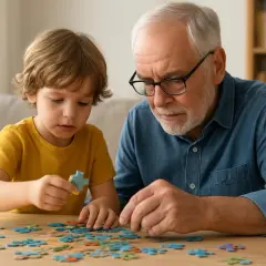 Chłopiec i dziadek składają puzzle, ciesząc się wspólnymi zabawami.