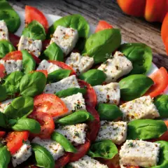 Frischer Tomaten-Mozzarella-Salat mit Basilikum, perfekt für ein veganes Party-Buffet.